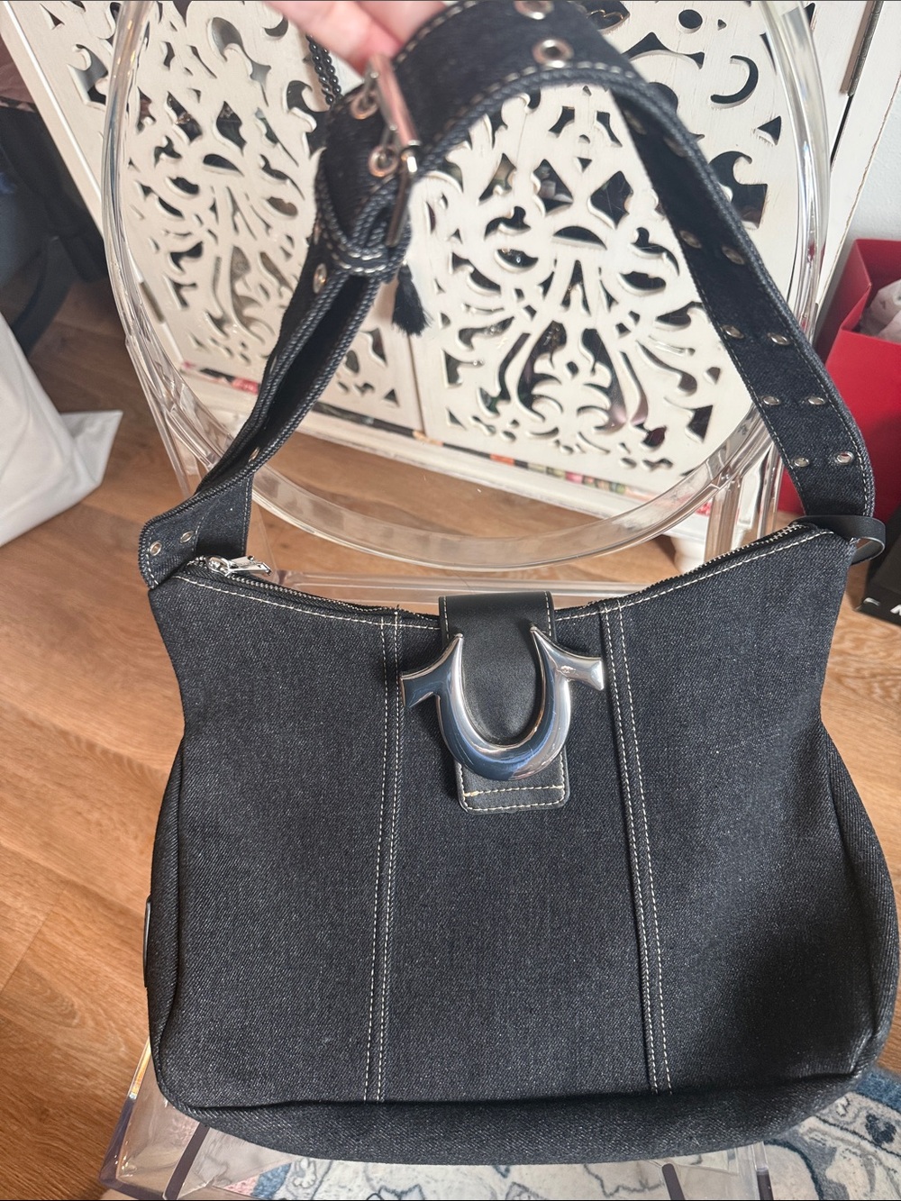 True Religion Black Denim Shoulder Bag with Silver Horseshoe